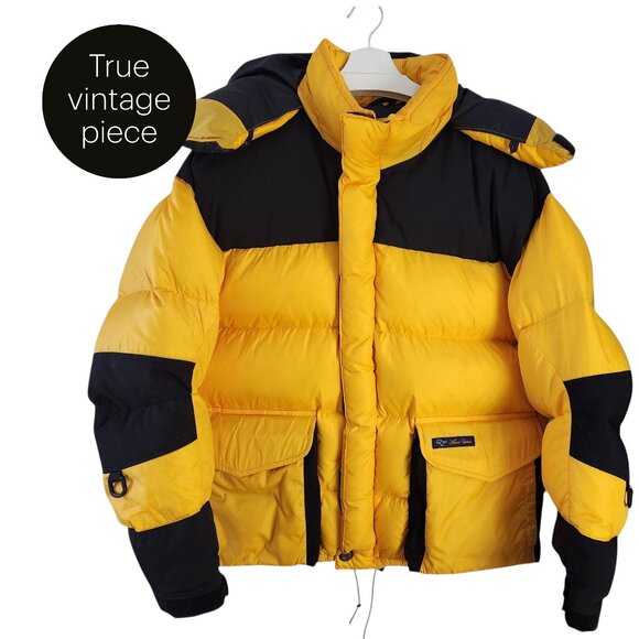 SNOW GOOSE (pre-Canada Goose)Yellow & Black Down Puffer Jacket – vintage rare XL - Picture 1 of 16
